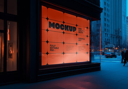 City Shop Window Banner Mockup &ndash; Illuminated Outdoor Poster Presentation on Glass Facade