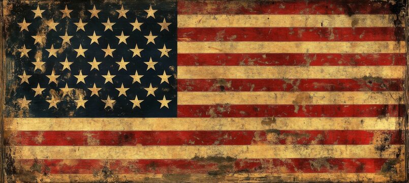 Weathered American flag draped over rustic barnwood with copy space for Labor Day promotions, union rally graphics, or patriotic campaign materials. 
