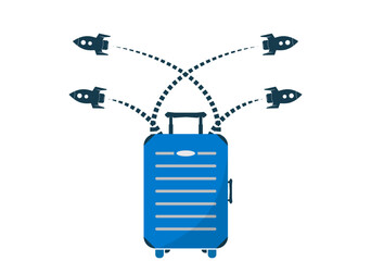 Business travel concept rocket vector on white background. Holiday travel symbol, blue luggage with spacecraft to use for summer journey, travel, business goal illustration projects.