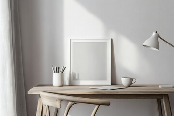 Fototapeta premium Scandinavian Home Office with White Picture Frame Mockup and Minimalist Wooden Desk 