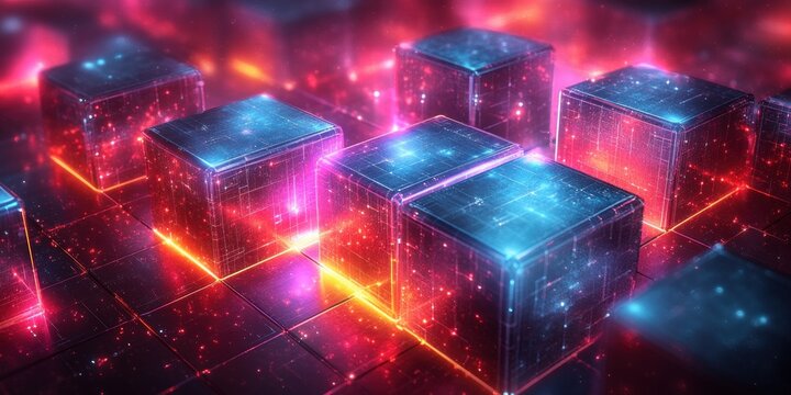 Futuristic Abstract Geometric Art with Neon Cubes and Isometric Design for Digital Technology Background