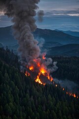 Fototapeta premium araffe burning in the middle of a forest with a mountain in the background