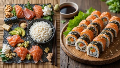 Delicious Assorted Sushi and Sashimi Platter Served on Wooden Table