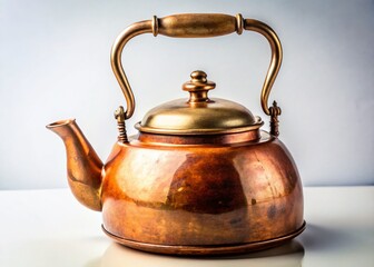 Vintage Kettle: Antique Copper Teapot with Curved Handle on White Background