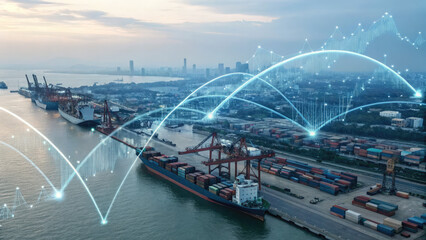 A futuristic depiction of tariffs using holographic trade graphs over a shipping port, visualizing fluctuating costs and economic restrictions in a digital finance landscape.