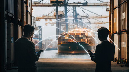 A futuristic depiction of tariffs using holographic trade graphs over a shipping port, visualizing fluctuating costs and economic restrictions in a digital finance landscape.