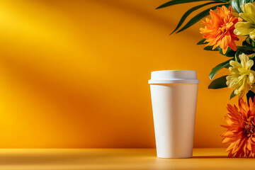 White cup radiates warmth with orange and yellow flowers on warm light