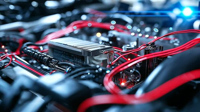 Close-up of a hybrid vehicle&rsquo;s power electronics module, with insulated wiring, cooling elements, and microcontrollers handling energy flow.