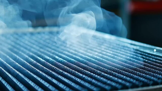 Close-up of a high-efficiency industrial air filter, capturing dust and pollutants as clean air flows into the factory environment.