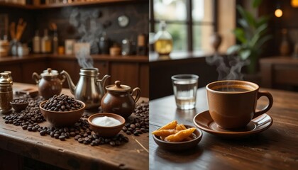 Enjoying Coffee with Beans and Treats in a Warm Indoor Setting