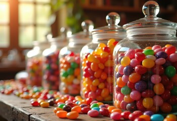 vibrant candy jars under detailed textures providing eye catching visual effect, assortments, bright, cheerful, colorful, colors, container, containers