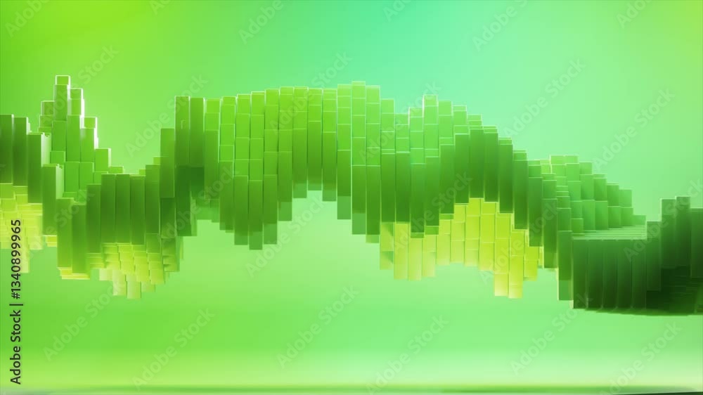 Poster vibrant green waveform developing through rectangular blocks, dynamically morphing across digital ba