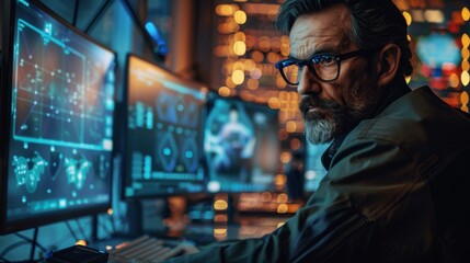 Cybersecurity analyst monitors multiple screens for potential malware breaches and data protection strategies