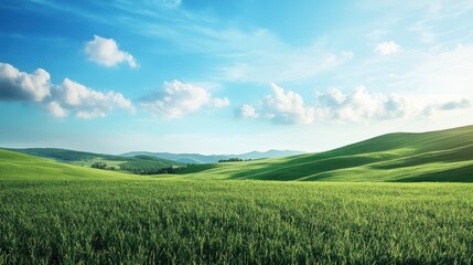 Naklejka premium Tuscan countryside, rolling hills, vibrant green field, sunlit sky. Stock photo