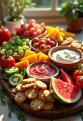 vibrant energetic snack display featuring bright diverse eye catching presentation techniques, appetizer, arrangement, colorful, table, treats, decor
