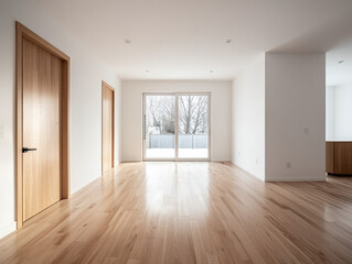 Fototapeta premium Empty contemporary home interior with wooden floors, white walls, and large glass doors opening to a winter landscape.