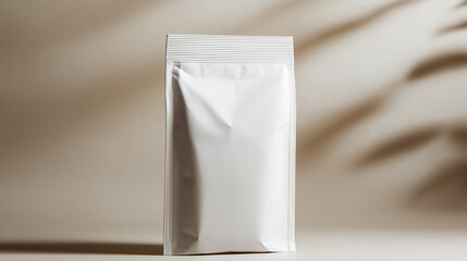 White coffee packaging mockup with beans scattered across a minimalist surface. AI Generated Images