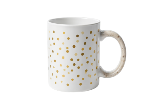 White mug with gold dots and unique handle, transparent background