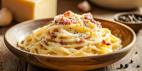 Indulgent Pasta Carbonara showcasing perfectly al dente pasta enveloped in a rich egg-and-cheese sauce, complemented by crispy pancetta for a delightful experience.