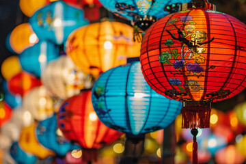 Fototapeta premium Beautiful holiday composition for happy celebrate chinese festival of lanterns, abstract vivid composition consists of fictional unreal fantastic vision on background