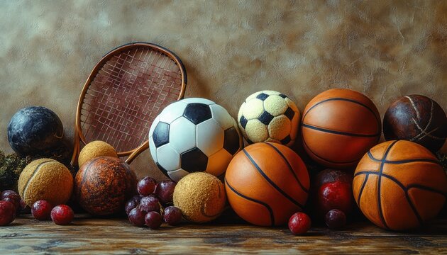 Sports Equipment Collection Soccer Balls Basketballs Tennis Balls and Rackets Against Tan Wall with Wooden Floor