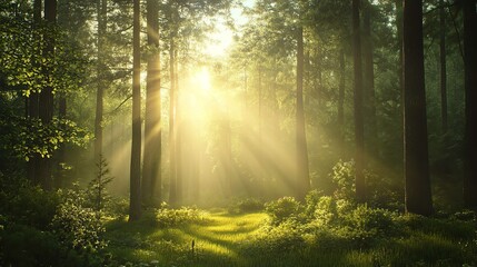 Obraz premium Enchanting Forest with Sunlight Streaming Through Tall Trees and Lush Green Vegetation Covering the Forest Floor