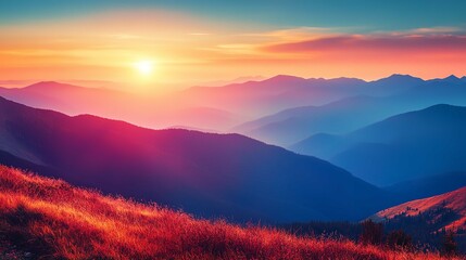Obraz premium Golden Sunset Over Majestic Mountain Ranges with Vibrant Colors Reflecting on a Grassy Hillside Underneath a Serene Sky