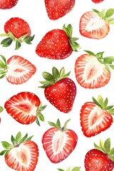 Seamless watercolor pattern with ripe strawberries and green leaves on a clean white background