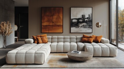 Stylish Modern Living Room Featuring Large Beige Sofa and Art
