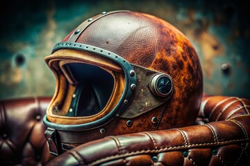 Fototapeta premium Vintage Race Car Helmet Macro Detail - Close-up of Worn Leather and Paint