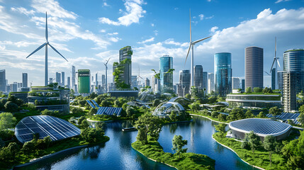 Render of a futuristic smart city with renewable energy systems like solar panels, wind turbines, and green buildings for a clean future.
