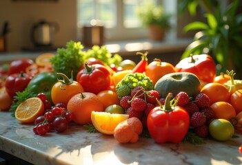 colorful arrangement fresh ingredients artfully displayed polished marble surface creating stunning culinary visual, artisan, aesthetic, bright, composition