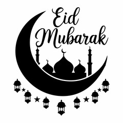 Eid silhouette icon vector illustration image. Eid Mubarak logo. Black silhouette of a Islamic mosque and crescent with lanterns. illustration. Eid typography 
 letter design.