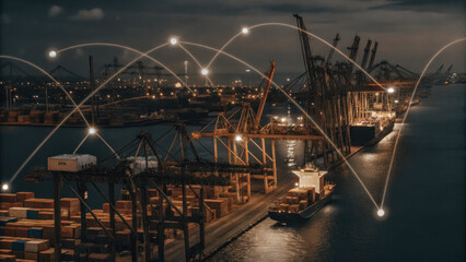 A futuristic depiction of tariffs using holographic trade graphs over a shipping port, visualizing fluctuating costs and economic restrictions in a digital finance landscape.