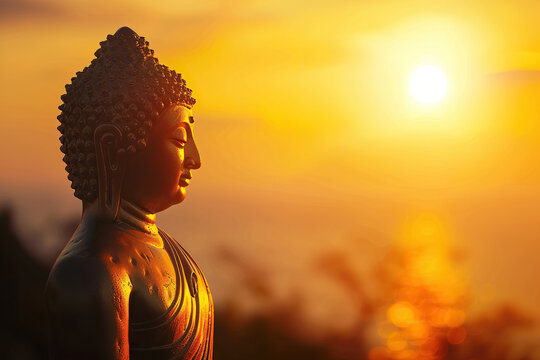 Ancient statue great Buddha on bright holiday composition, abstract vivid composition consists of fictional unreal fantastic vision on background