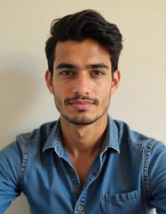 Obraz premium A young man from Gaza stands poised against a neutral background, exuding an air of assurance. His calm demeanor reflects stories of perseverance and hope in challenging times Generative AI