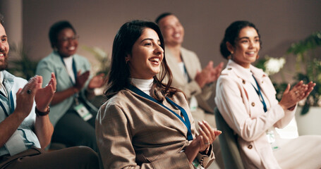 Applause, presentation and business people with seminar for achievement, victory and goal. Clapping...