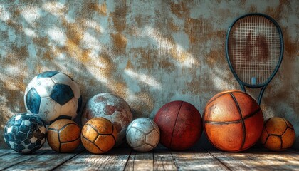 Sports Equipment Still Life with Soccer Balls Basketballs Tennis Balls and Rackets Against a Tan Wall on a Wooden Floor