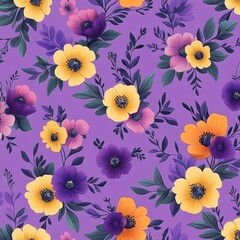 Seamless Floral Pattern Vibrant Flowers Lilac Background Illustrations Whimsical Design