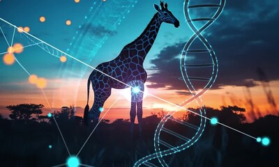 A giraffe silhouette stands in a digital landscape, highlighting dna structure at sunset. - Powered by Adobe