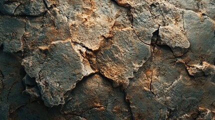 Close-up of a rugged stone wall with natural textures and earthy tones. The cracks and weathered surfaces highlight the raw beauty of the rock formation under soft lighting.