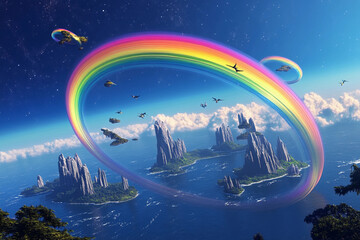 Vibrant rainbow arches over floating islands in a surreal fantasy landscape with a celestial backdrop