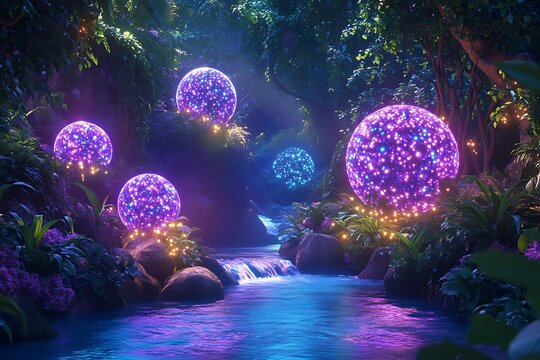 Mystical bioluminescent jungle with floating light orbs crystal clear reflection pool otherworldly flora in deep purples and teals - Powered by Adobe