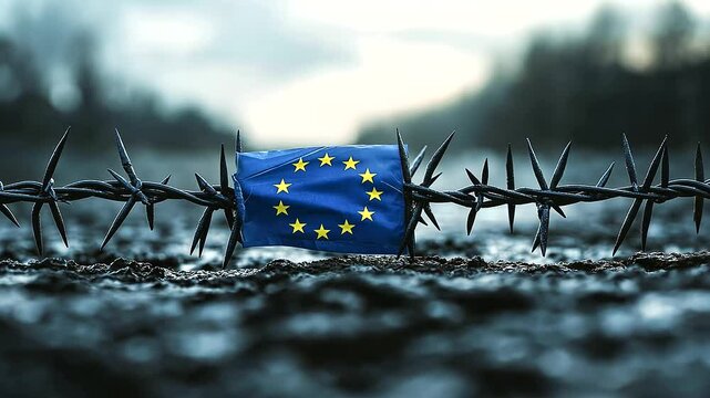 A symbolic image of the EU flag tightly wrapped in spiked barbed wire, emphasizing economic blockades, trade restrictions, and political struggles.