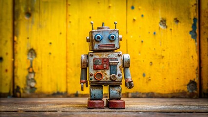 Fototapeta premium Vintage Tin Robot Toy on Yellow Background - Urban Exploration Photography