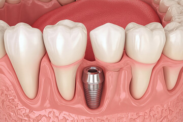 Dental implants displayed in a model of a human jaw demonstrating oral health and restoration procedures