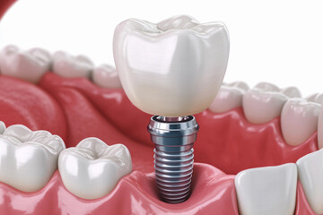 Dental implants displayed in a model of a human jaw demonstrating oral health and restoration procedures