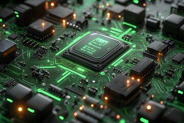 Futuristic Circuit Board: High-Technology Microchip with Green LED Lights for Innovation and Engineering Design