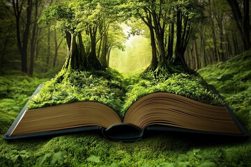 Book transformed into a forest landscape with intricate tree details and vibrant colors