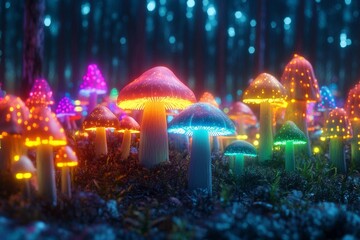 Vibrant bioluminescent mushrooms illuminate a mystical forest pathway during twilight hours